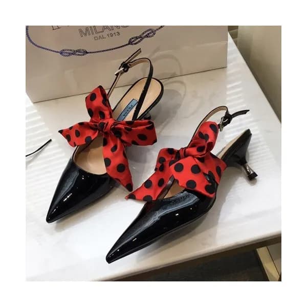 Prada 2019 Ladies Leather Ribbon Middle Heel Sling… - 1