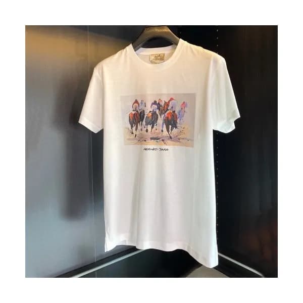 Hermes Mens Crew-neck Short Sleeved Tshirts White… - 1