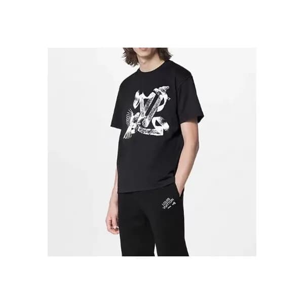 루이비통 남성 블랙 크루넥 반팔티 - Louis vuitton Mens Black Shor… - 1