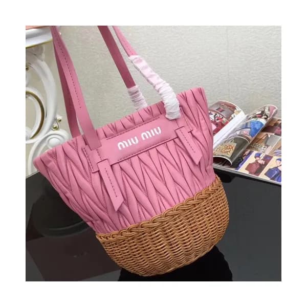 MiuMiu 2019 Nappa Leather and Wicker Bucket Tote S… - 1