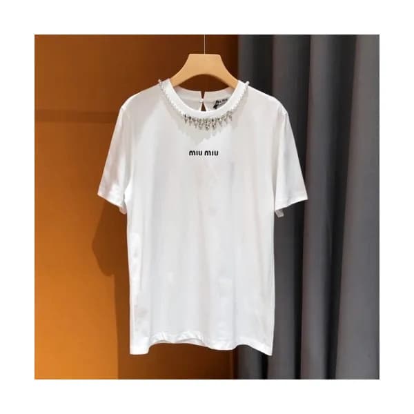 Miumiu Ladies Cotton Short Sleeved Tshirts - 미우미우 … - 1