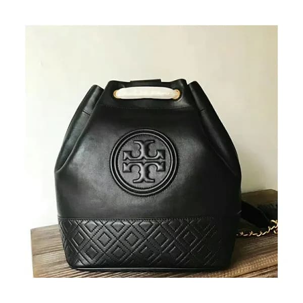 Tory Burch Leather Black Bucket Tote Shoulder Bag,… - 1