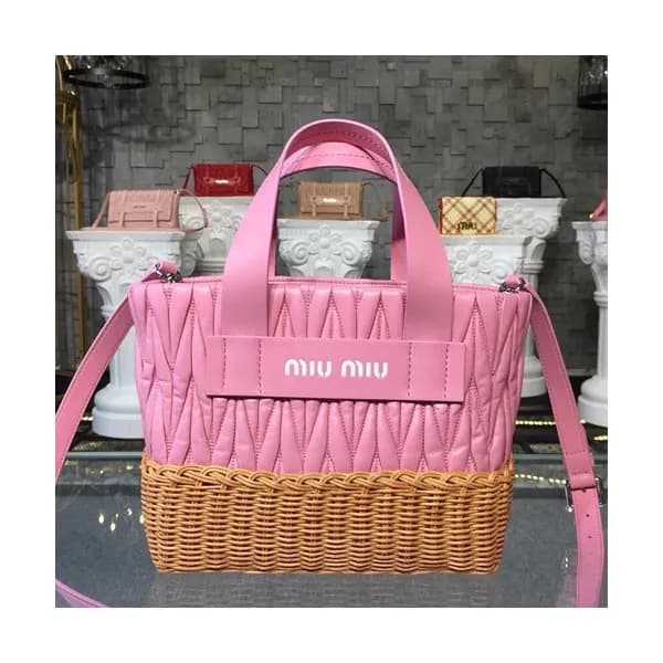MiuMiu 2019 Nappa Leather and Wicker Bucket Tote S… - 1