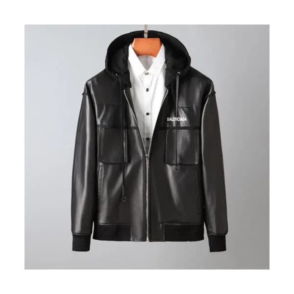 Balenciaga Mens Logo Casual Leather Jackets Black… - 1