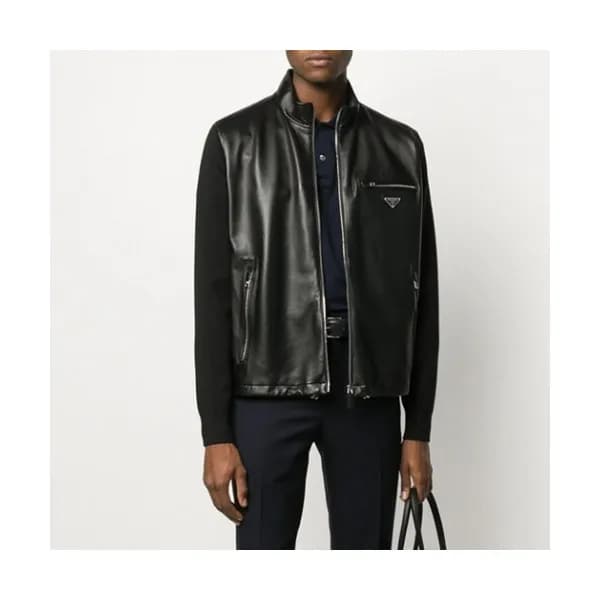 Prada Mens Logo Casual Leather Jacket Black - 프라다 … - 1