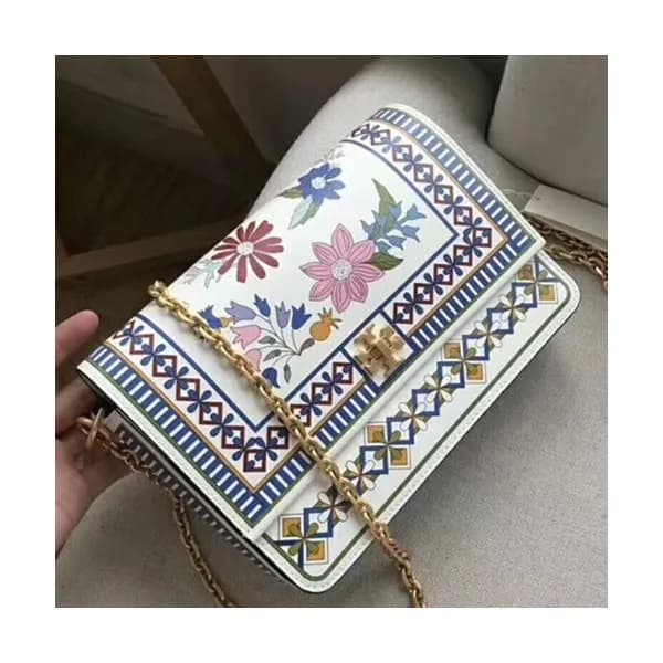 Tory Burch Kira Floral Double-Strap Leather Ivory … - 1
