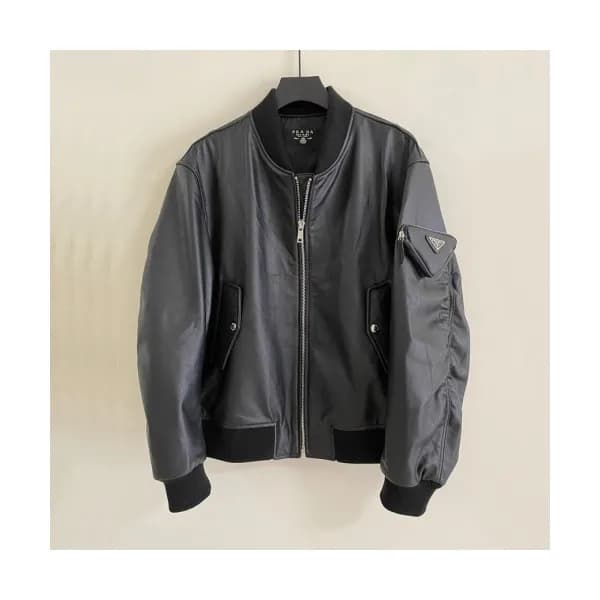 Prada Mens Logo Casual Leather Jacket Black - 프라다 … - 1