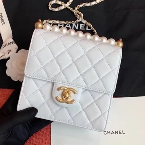Chanel 2019 Leather Pearl Chain Shoulder Bag,15CM … - 1