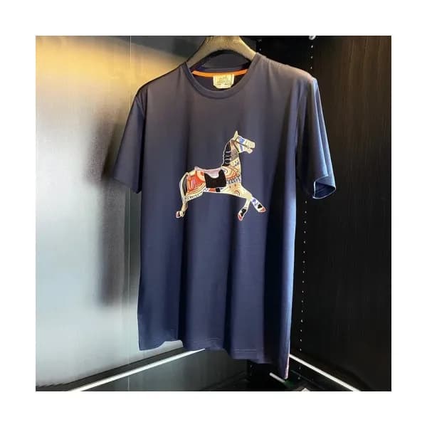 Hermes Mens Crew-neck Short Sleeved Tshirts Navy … - 1