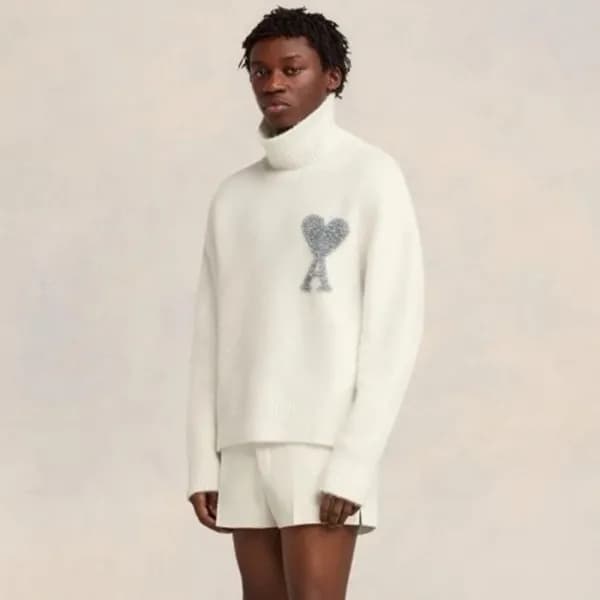 아미 남/녀 아이보리 터틀넥 니트 - Ami Unisex Ivory Knits - amc1… - 1