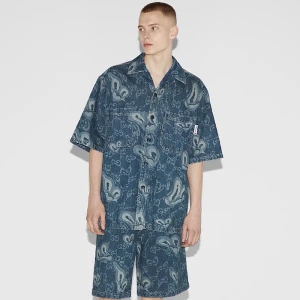 구찌 남성 블루 반팔 셔츠 - Gucci Mens Blue Denim Shirts - gu… - 1