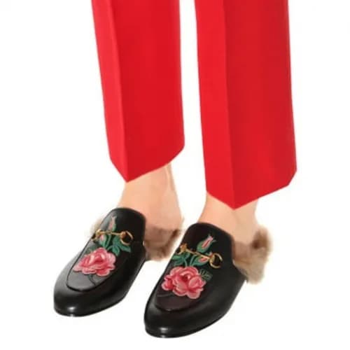 Gucci 2018 Flower Embroidery Per leather Slippers … - 1