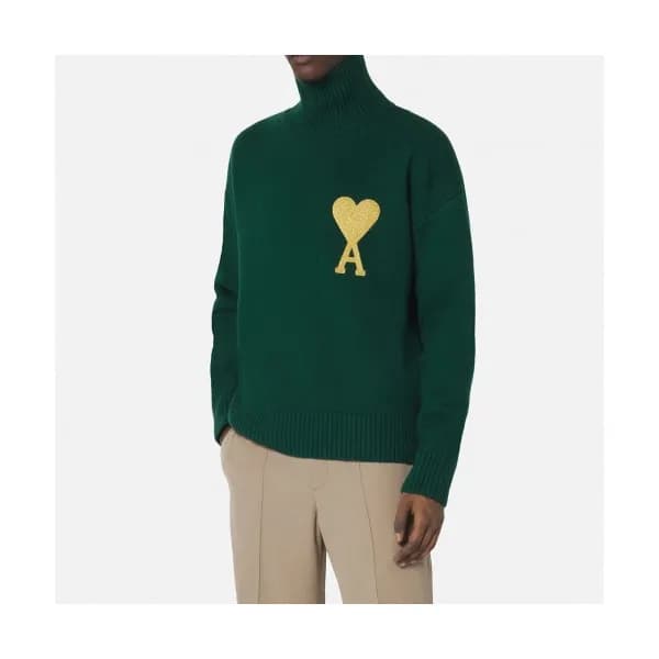Ami Unisex Logo Casual Turtle-neck Sweaters Green… - 1