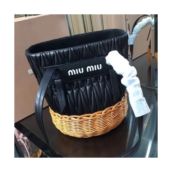 MiuMiu 2019 Nappa Leather and Wicker Bucket Tote S… - 1