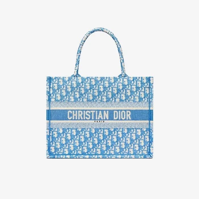 디올 여성 콘플라워 블루 오블리크 자수 북 토트백 미디엄 - Dior cornflower … - 1