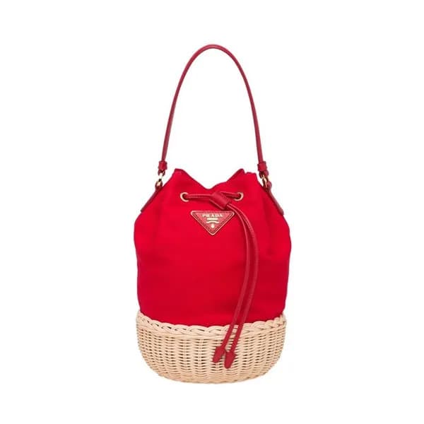 Prada 2019 Canvas & Rattan Hemp Bucket Tote Should… - 1