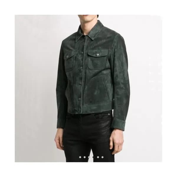 Tom Ford Mens Logo Casual Leather Jacket Green - … - 1