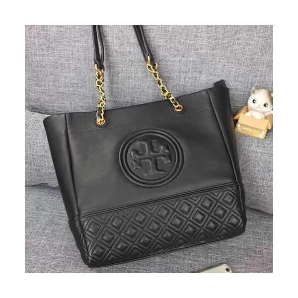Tory Burch Leather Black Fleming Chain Tote Bag,28… - 1