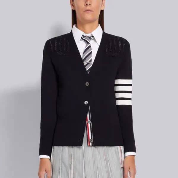 톰브라운 여성 브이넥 블랙 가디건 - Thom Browne Womens Black Card… - 1