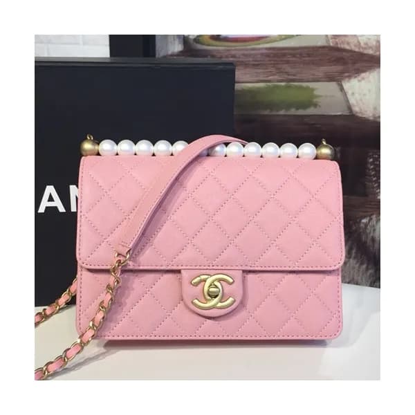 Chanel 2019 Leather Pearl Chain Shoulder Bag,21CM … - 1
