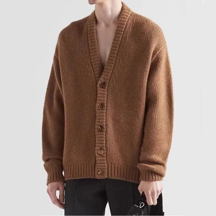 프라다 남성 카키 브이넥 가디건 - Prada Mens Khaki Cardigan - pr… - 1