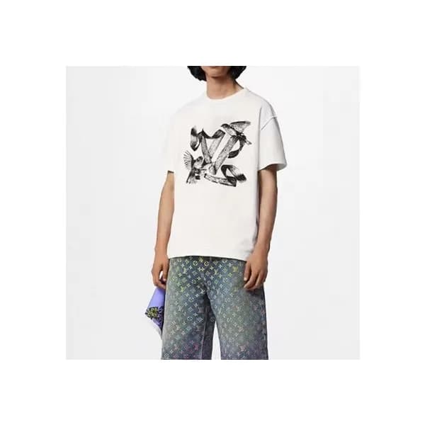 루이비통 남성 화이트 크루넥 반팔티 - Louis vuitton Mens White Sho… - 1