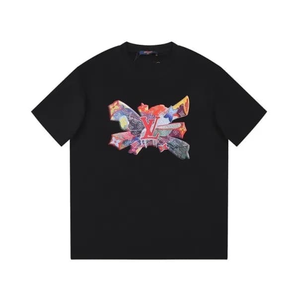 루이비통 남성 크루넥 블랙 반팔티 - Louis vuitton Mens Black Shor… - 1