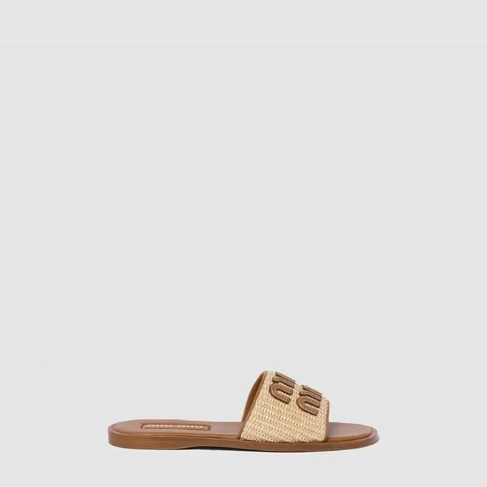 미우미우 여성 라피아 효과 우븐 패브릭 슬라이드 - Miumiu Womens Raffia … - 1