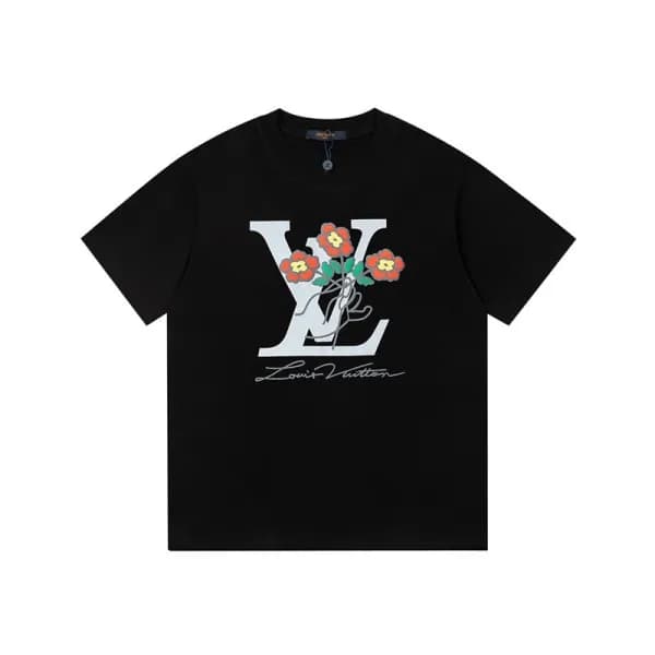 루이비통 남성 크루넥 블랙 반팔티 - Louis vuitton Mens Black Shor… - 1