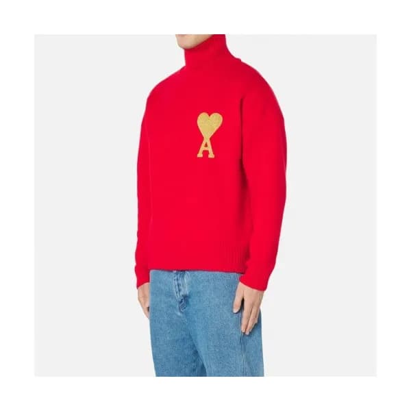Ami Unisex Logo Casual Turtle-neck Sweaters Red -… - 1
