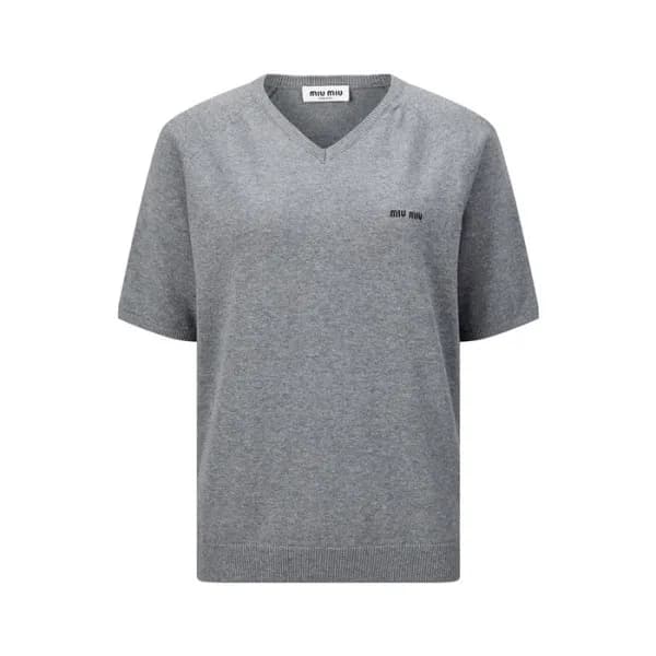 미우미우 여성 브이넥 반팔 티셔츠 - Miumiu Womens V-neck Tshirt -… - 1