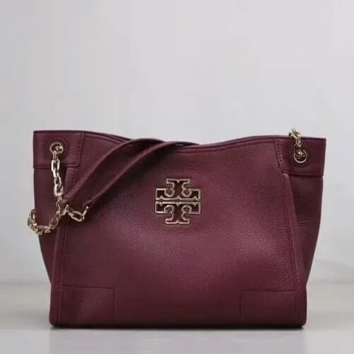 Tory Burch Leather Wine Britten Small Slouchy Tote… - 1