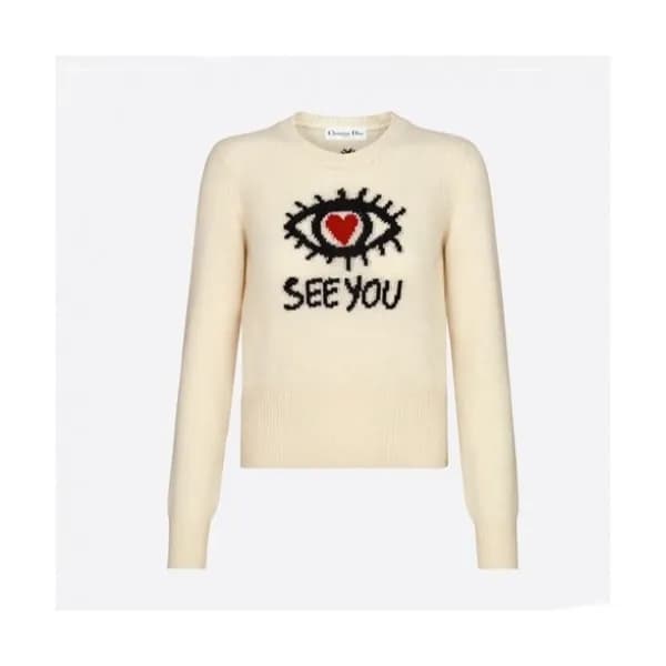 Dior Womens Retro Logo Crew-neck Sweaters Ivory - … - 1