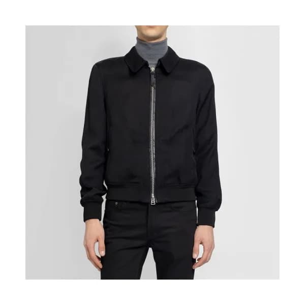 Tom Ford Mens Logo Casual Leather Jacket Black - … - 1
