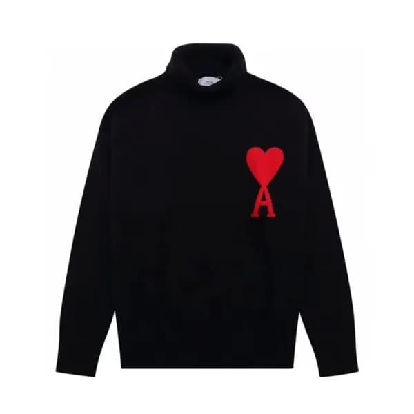Ami Unisex Logo Casual Turtle-neck Sweaters Black… - 1