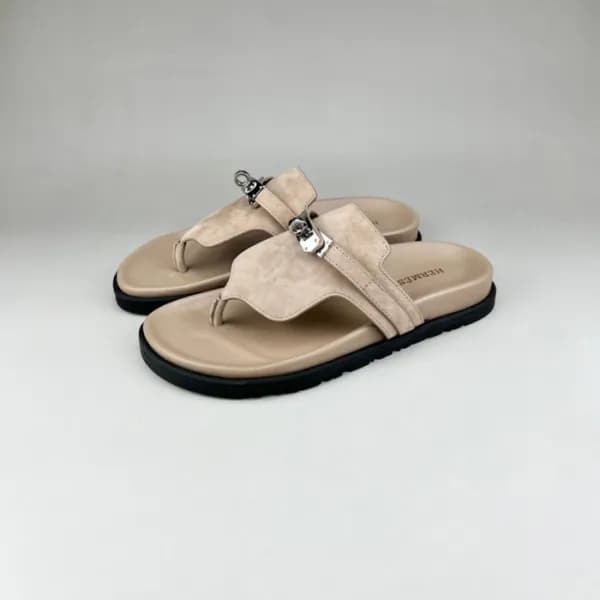 에르메스 남/녀 트렌디 베이지 슬리퍼 - Unisex Beige Slippers - her… - 1