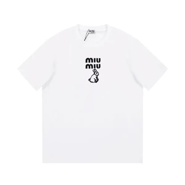 미우미우 여성 크루넥 화이트 반팔티 - Miumiu Ladys White short sle… - 1