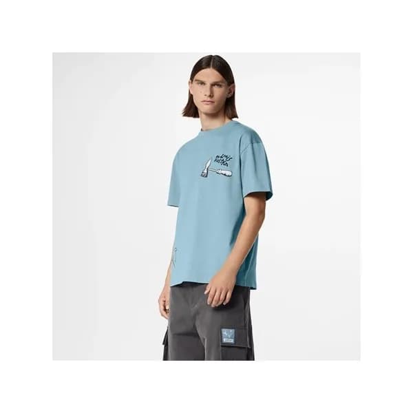 루이비통 남성 블루 크루넥 반팔티 - Louis vuitton Mens Blue Short… - 1