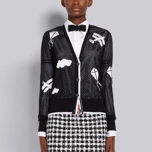 톰브라운 여성 브이넥 네이비 가디건 - Thom Browne Womens Navy Card… - 1