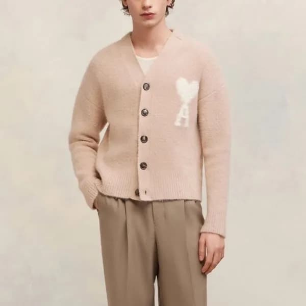 아미 남/녀 핑크 브이넥 가디건 - Ami Unisex Pink Cardigan - amc… - 1