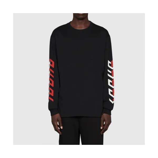 Gucci Unisex Logo Crew-neck Cotton Tshirts Black … - 1